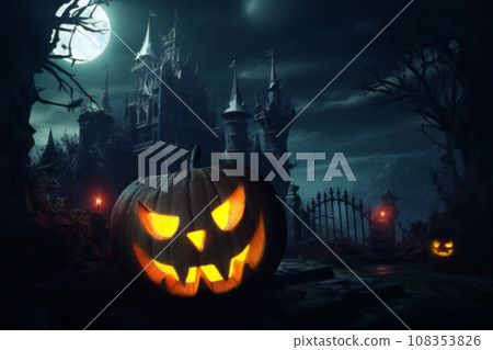 Scary halloween pumpkin on a background of a castle on a hill at night with a full moon. Dark halloween wallpaper, creative idea 108353826