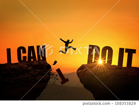 I can do it, concept. Successful business man jumps over a rock at sunset. I can't turns into can, creative idea 108353829