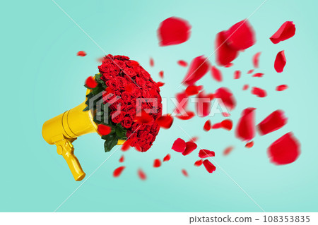 Creative yellow loudspeaker with a bouquet of red roses and flying petals on a pastel green background, concept. Creative idea of spring and women's day. Flora, flowers and beauty. St. Valentine's Day 108353835