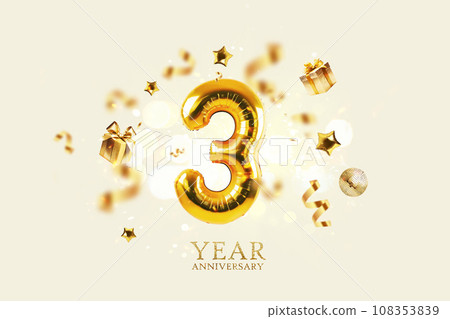 Gold festive balloons 3 year anniversary with golden confetti, presents, mirror ball and stars fly on a beige background with bokeh lights and sparks. Birthday luxury three card, a creative idea Gold festive balloons 3 year anniversary with golden confetti, presents, mirror ball and stars fly on a beige background with bokeh lights and sparks. Birthday luxury three card, a creative idea 108353839