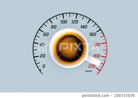 Coffee and energy boost, creative idea. Caffeine and top speed, concept. Americano cup and speedometer Coffee and energy boost, creative idea. Caffeine and top speed, concept. Americano cup and speedometer 108353856