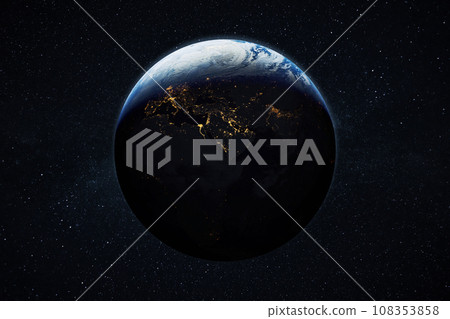 Beautiful blue planet earth with night city lights. Europe and Africa at night viewed from space with city lights showing human activity in Germany, Poland, Italy, Egypt, Spain and other countries. Beautiful blue planet earth with night city lights. Europe and Africa at night viewed from space with city lights showing human activity in Germany, Poland, Italy, Egypt, Spain and other countries. 108353858