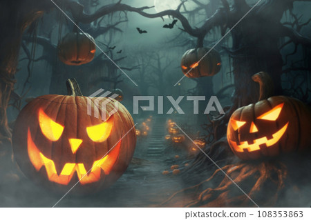 Scary halloween dark park with pumpkins and trees in the night. Halloween, concept. Glowing pumpkin 108353863