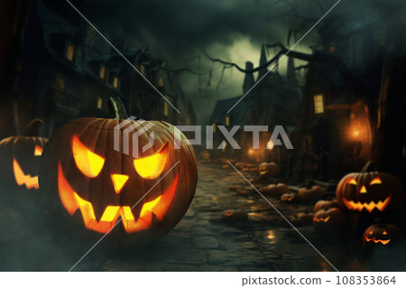Scary glowing pumpkin in a dark Halloween town with pumpkins at night. Halloween holiday 108353864