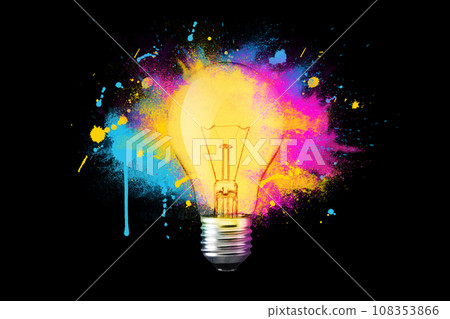 Creative light bulb explosion with splashes of yellow, blue and pink paint on a black background. Think differently, creative idea. Brainstorm Creative light bulb explosion with splashes of yellow, blue and pink paint on a black background. Think differently, creative idea. Brainstorm 108353866