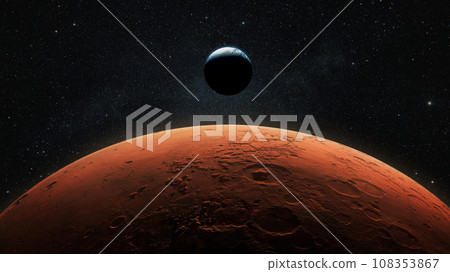 View of planet earth from Mars. Mars, the red planet with detailed surface features and craters in deep space. Blue Earth planet in outer space. mars and earth, concept. View of planet earth from Mars. Mars, the red planet with detailed surface features and craters in deep space. Blue Earth planet in outer space. mars and earth, concept. 108353867