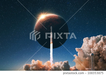 Space rocket with smoke and blast successfully takes off into the starry sky with the red planet Mars with sunlight. Launching a spacecraft into space. Start of Mars mission, concept 108353875