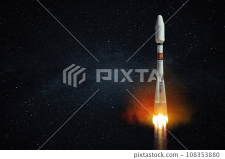 Spaceship rocket successfully takes off in the starry sky. Rocket launch space mission, creative idea 108353880
