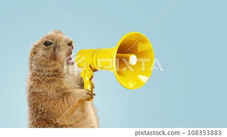 Funny gopher is holding a loudspeaker and screaming on a blue background. Creative idea, management and business. The concept of advertising and attracting attention. Animal scream 108353883