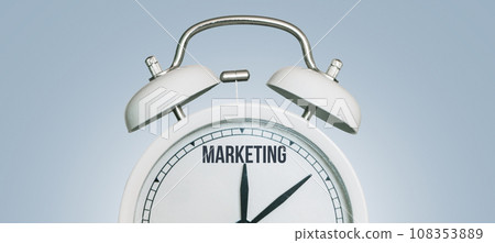 Marketing time, creative idea. Vintage white Clock and arrows point to marketing, concept. Successful business development. Time to marketing Marketing time, creative idea. Vintage white Clock and arrows point to marketing, concept. Successful business development. Time to marketing 108353889
