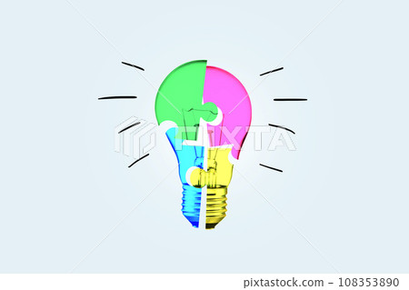 Creative colored light bulb puzzle, creative idea. Teamwork and success, concept. Creative process and project creation. Business and management. Start up design. Think differently 108353890