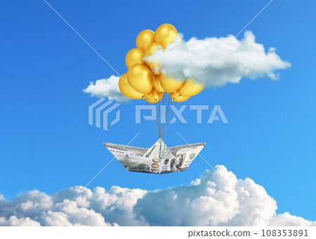 Money boat with golden balloons takes off in the sky above the clouds, a creative idea. Economy growth and takeoff, concept. Dollar lift up. Successful investments and savings 108353891