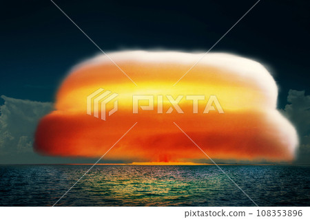 Powerful nuclear explosion in the ocean. Nuclear bomb explosion with radioactive mushroom cloud and fire. Hydrogen explosion in sea. Radiation and disaster. World nuclear war 108353896