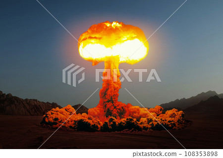 Terrible explosion of a nuclear bomb with a mushroom in the desert. Hydrogen bomb test. Nuclear catastrophe. Nuclear mushroom. World War III 108353898