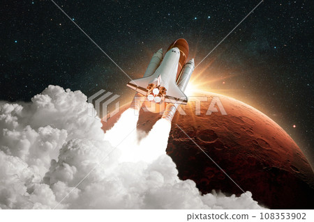 Rocket lift off. Spacecraft takes off into space. Rocket flies to Mars. Red planet Mars in space. Shuttle spaceship launch 108353902