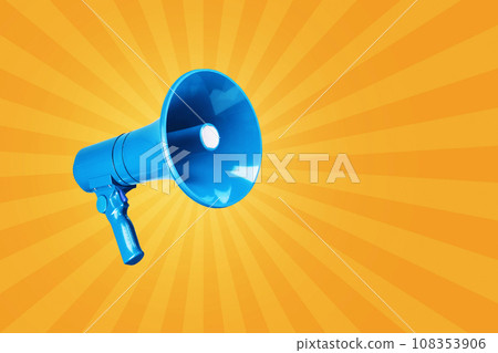 Creative vintage blue megaphone on a yellow background. Advertising and message concept. Creativity and traffic. Attention! Creative vintage blue megaphone on a yellow background. Advertising and message concept. Creativity and traffic. Attention! 108353906