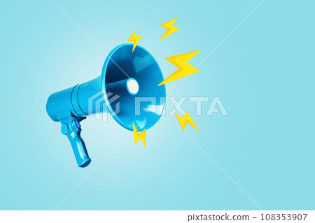 Creative blue loudspeaker with yellow lightning bolts on a blue background. Creative idea, attention! Urgent news. Lightning traffic, advertising and message. 108353907