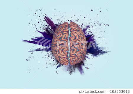 Creative brain explosion with splatter on blue light background. Brainstorming, concept. Think different, creative idea. Brain and explosion with paint splashes Creative brain explosion with splatter on blue light background. Brainstorming, concept. Think different, creative idea. Brain and explosion with paint splashes 108353913