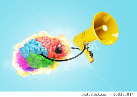 Creative fun smart brain explodes with fire, holds a yellow loudspeaker and screams on blue background. Brainstorm, concept. Headache and notice. Fire Brain Attracts Attention, Marketing Creative Idea Creative fun smart brain explodes with fire, holds a yellow loudspeaker and screams on blue background. Brainstorm, concept. Headache and notice. Fire Brain Attracts Attention, Marketing Creative Idea 108353914