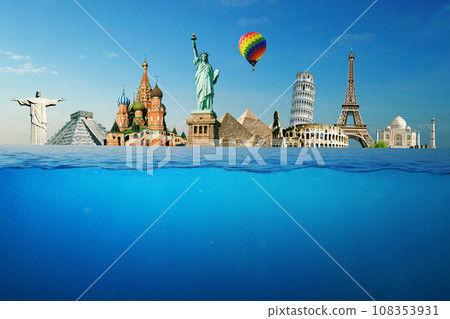 Summer holidays and travel, creative idea. Landmarks Statue of Liberty, Elf Tower, Moscow, Rome Colosseum, Church and Pyramids of Cheops with flying balloon with underwater view 108353931