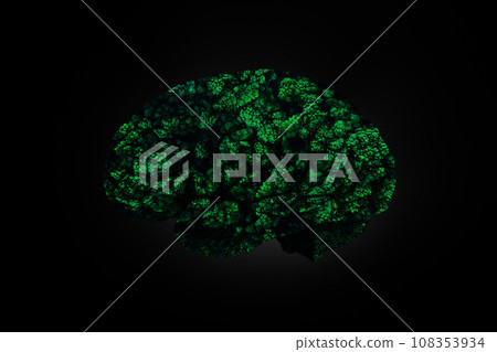 Green forest from the brain on a black background. Health and thinking, creative idea. Nature and man. Think differently. Dementia, concept 108353934