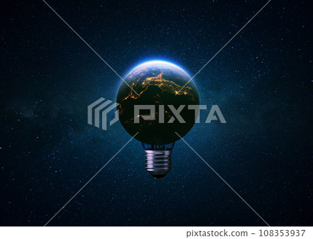 Light bulb blue planet Earth with glow of night cities in space. Electrification, creative idea. Earth energy and global warming. Eco energy Light bulb blue planet Earth with glow of night cities in space. Electrification, creative idea. Earth energy and global warming. Eco energy 108353937