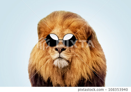 Cool handsome hipster lion boss with fashion round sunglasses on a pastel blue background. Success, business and development, creative idea. Predator 108353940