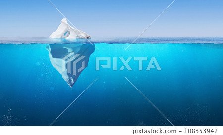 Amazing Iceberg in clear blue water sea and hidden danger under water. Iceberg - Hidden Danger And Global Warming Concept. Floating ice in ocean. Copy space for text and design. The tip of the iceberg 108353942