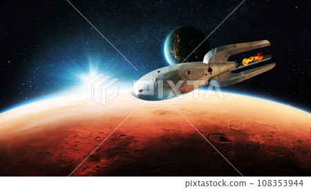 Vintage metal rocket ship flies to the red planet mars with sun rays and blue planet earth. Journey to Mars, creative idea. Space exploration, concept Vintage metal rocket ship flies to the red planet mars with sun rays and blue planet earth. Journey to Mars, creative idea. Space exploration, concept 108353944