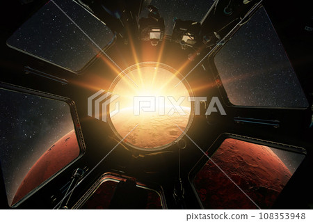 New spaceship flies up to the red planet Mars at an amazing sunset, the view from the cabin porthole window. ISS is flying in space, exploring space for new planets. Creative idea, space wallpaper New spaceship flies up to the red planet Mars at an amazing sunset, the view from the cabin porthole window. ISS is flying in space, exploring space for new planets. Creative idea, space wallpaper 108353948