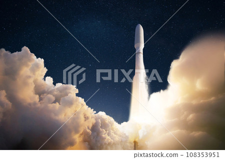 New Ship Rocket launch flies with clouds of smoke to another planet. Spaceship takes off into the starry sky. Rocket starts into space. Lift off Concept New Ship Rocket launch flies with clouds of smoke to another planet. Spaceship takes off into the starry sky. Rocket starts into space. Lift off Concept 108353951