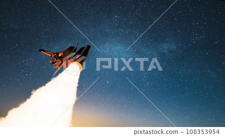 Spaceship rocket shuttle successfully takes off with blast and puffs of smoke into starry space. Successful start of the space mission and launch of the rocket to Mars. Lift off, concept, Spaceship rocket shuttle successfully takes off with blast and puffs of smoke into starry space. Successful start of the space mission and launch of the rocket to Mars. Lift off, concept, 108353954