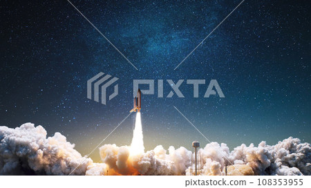 New space ship shuttle with blast and puffs of smoke successfully takes off up into the starry sky. Space mission and rocket lift off New space ship shuttle with blast and puffs of smoke successfully takes off up into the starry sky. Space mission and rocket lift off 108353955