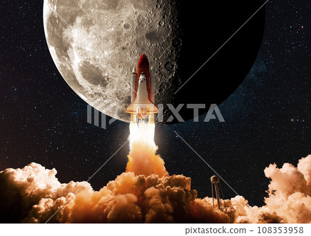 New space shuttle rocket with smoke and clouds takes off into the sky with moon. Shuttle spaceship liftoff to moon. Space Mission Launch to Moon Concept. 108353958