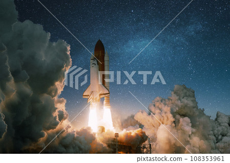 New Ship Rocket flies to Mars planet. Spaceship Shuttle with blast and smoke takes off into the starry sky. Rocket lift off and starts into deep space. Concept cosmos and travel 108353961