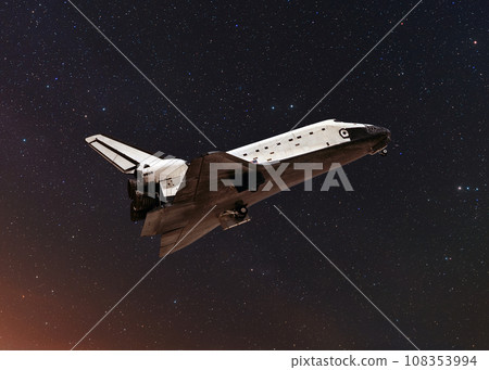 Space shuttle rocket lift off a mission in outer space with stars. Rocket flies on a starry background Space shuttle rocket lift off a mission in outer space with stars. Rocket flies on a starry background 108353994