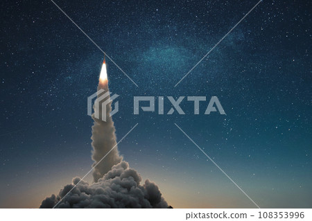 Rocket take off to stars. Successful launch of a space rocket into outer space. Spaceship lift off into the starry sky. Travel and exploration other planets, concept 108353996