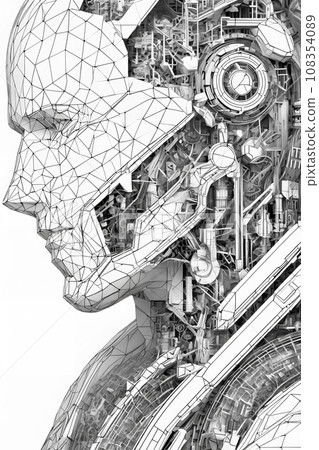 A white wireframe of a robot head. A white wireframe of a robot head. 108354089