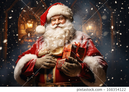 Cheerful Santa Claus with gift boxes on Christmas background Cheerful Santa Claus with gift boxes on Christmas background 108354122