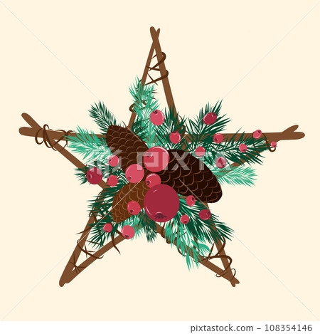 Star shaped Christmas wreath with pinecones and berries. Vector 108354146