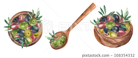 Olives and olive branches in wooden bowl and spoon from top and side view isolated on white background. Green, black and red fruits watercolor hand drawn botanical illustration. Can be used for menu Olives and olive branches in wooden bowl and spoon from top and side view isolated on white background. Green, black and red fruits watercolor hand drawn botanical illustration. Can be used for menu 108354332