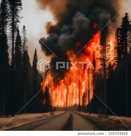 A forest fire with smoke coming out of the trees. 108354408