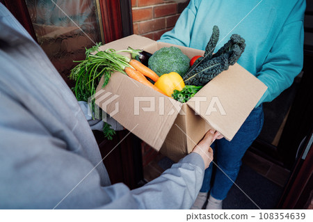 Home fresh food delivery. Woman taking cardboard box with vegetables and fruits. Support local farmer food production. New Start of a healthy life, weight loss concept. Online food order. Recipe box 108354639