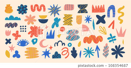 Hand drawn naive, bizarre abstract geometric shapes and forms. Modern contemporary figures, various 108354687