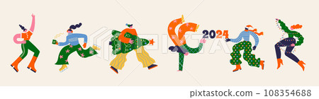 Fun Merry Christmas and Happy New Year collection of groovy, hippie bizarre disproportionate 108354688