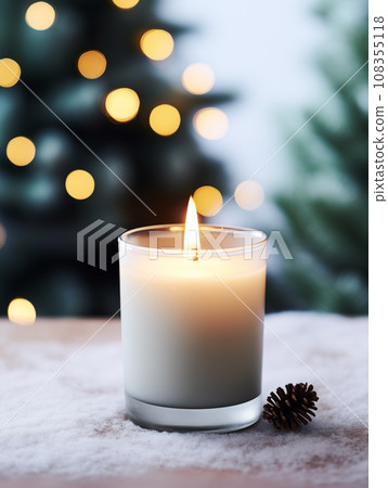 Holiday candle commercial, front view of burning candle in glass jar mock-up on Christmas background with winter decorations and bokeh Holiday candle commercial, front view of burning candle in glass jar mock-up on Christmas background with winter decorations and bokeh 108355118