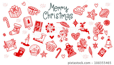 Christmas red elements in doodle style vector set on white Christmas red elements in doodle style vector set on white 108355465