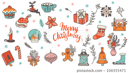 Christmas elements in doodle style vector set 108355471
