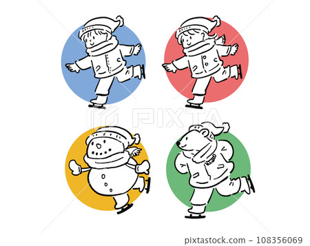 Illustration icon set of a boy and girl skating, a snowman and a polar bear Line drawing 108356069