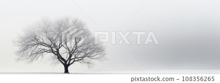 Lone tree on white sky background, minimalist landscape in winter. Peaceful nature banner with copy space. Concept of snow, art, beauty, minimalism, travel, tranquil, environment 108356265